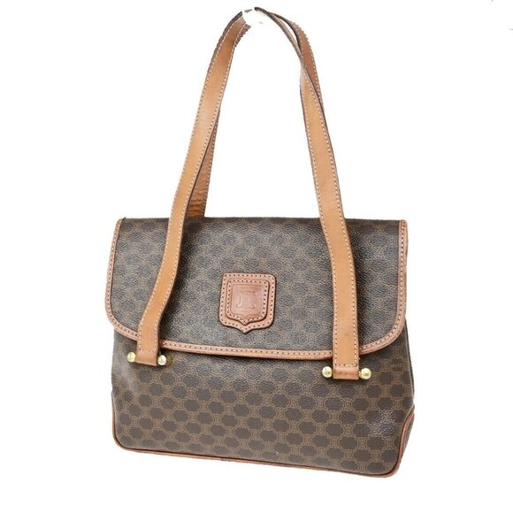 CELINE Logo Macadam Pattern Shoulder Bag PVC Leather Brown Italy Gold 60FB174 - Picture 1 of 15